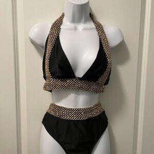 Elegant Black and Gold Women's Swimwear with Gold thread and sequins. 2X